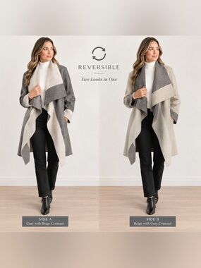 DVF Diane von Furstenberg Mackenzie Reversible Wool Wrap Coat Grey Cream Large
